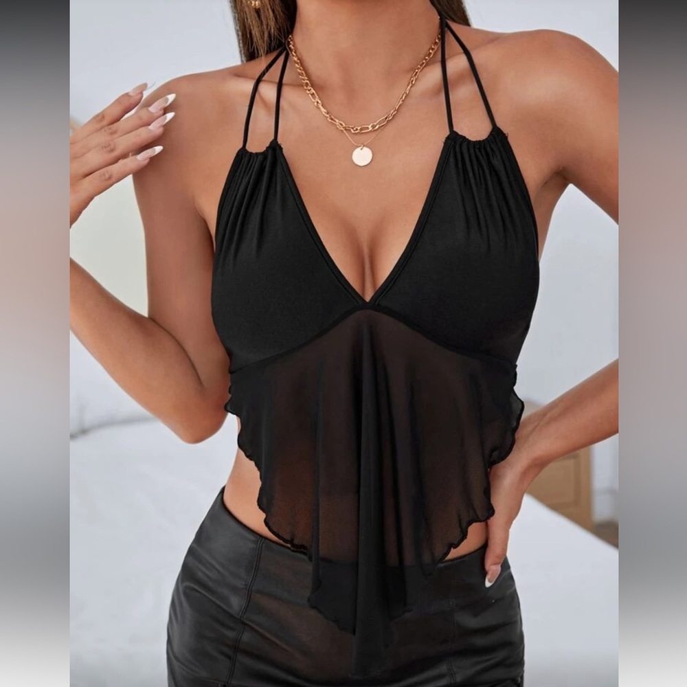 SHEIN ICON Lettuce Trim Bandana Hem Tie Backless Crop Halter Top